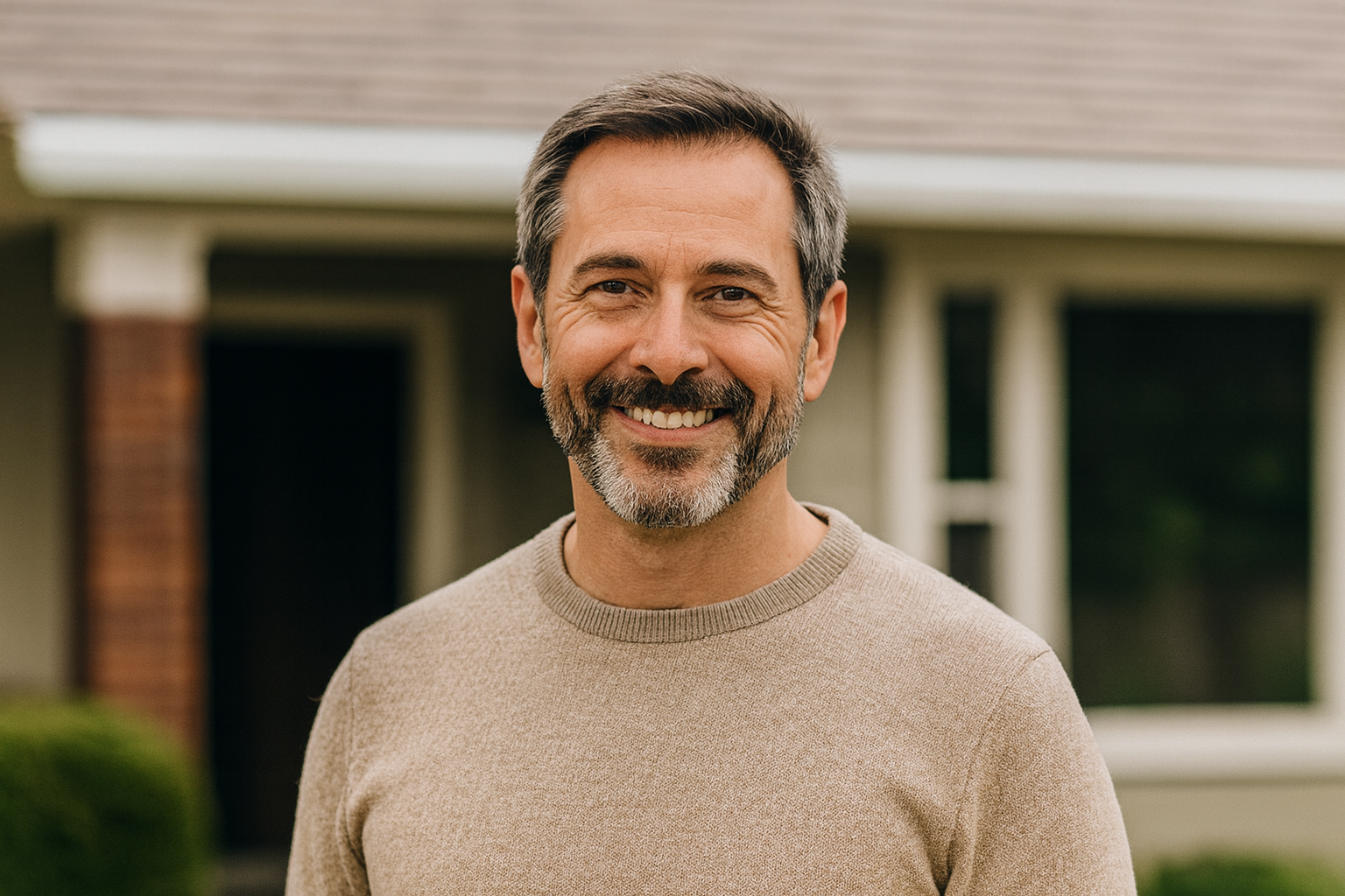 Smiling homeowner standing outside their house